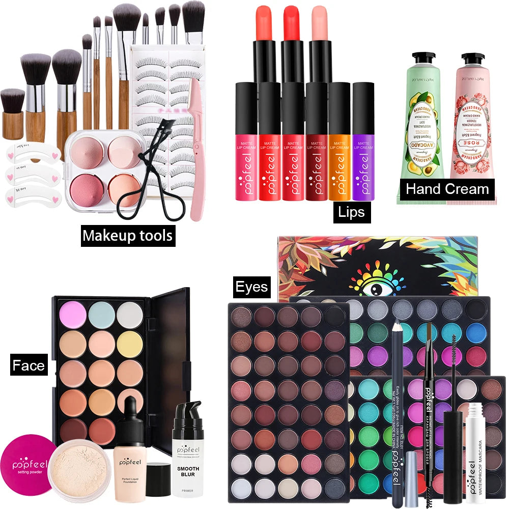 POPFEEL Multifunctional Women’s Makeup Set-Complete Beginner -Friendly Cosmetic Kit with Eyeshadow Palette, Lipstick, Hand Cream