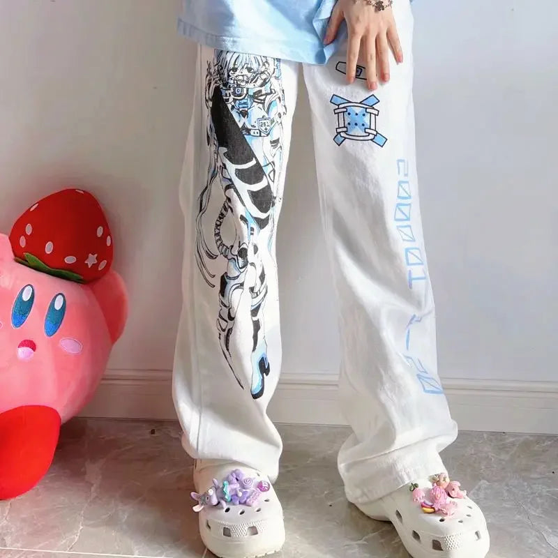 Y2K Anime Print White Pants Women Harajuku Manga Subculture Wide Leg Trousers Japanese Style Kawaii Cartoon Sweatpants