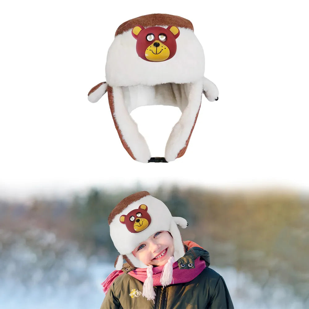 SYPVRY Kids Led Winter Trapper Hat with Light, Winter Hat Beanie with Ear Flaps Boys Girls Cute Ushanka Hat Christmas Gift Brown