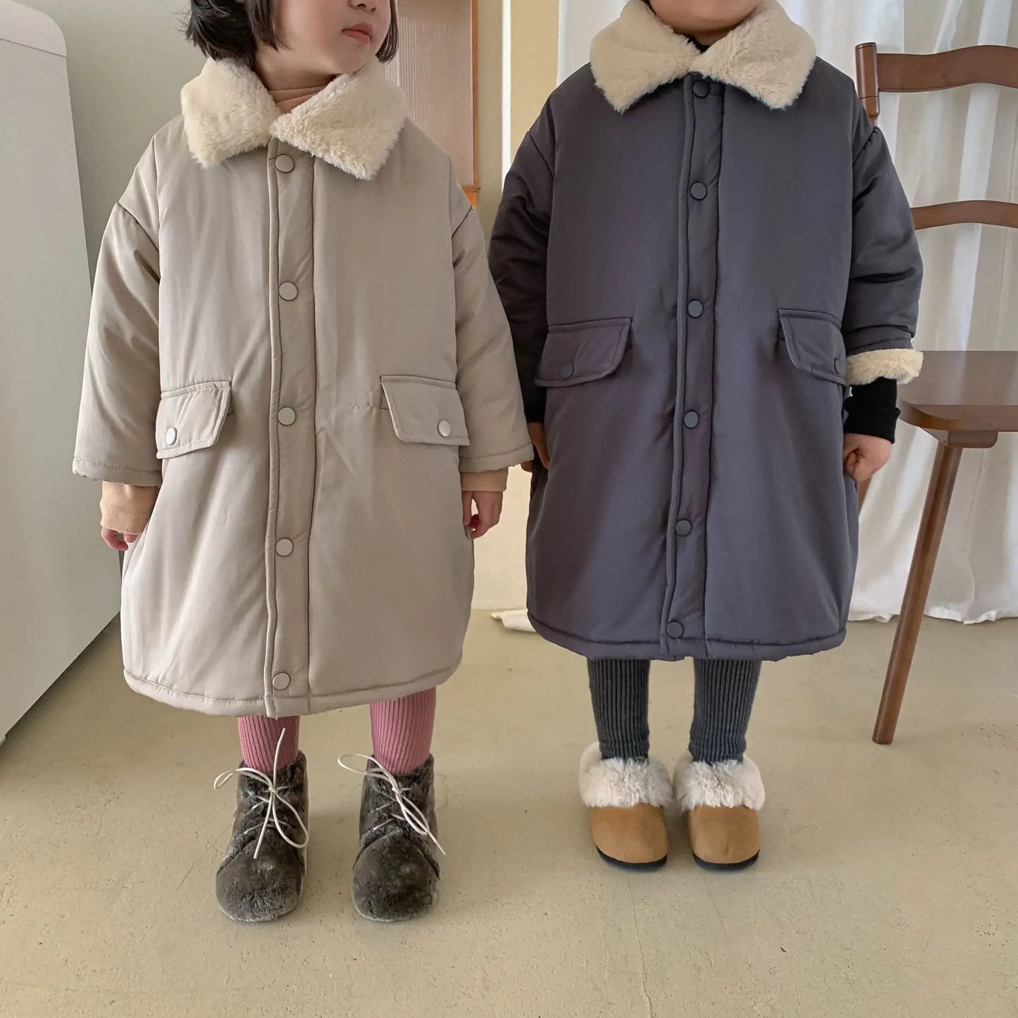 2023 Winter Girls Boys Thick Warm Fleece Long Jacket Baby Kids Children Pocket Coat Outerwear Two Colors