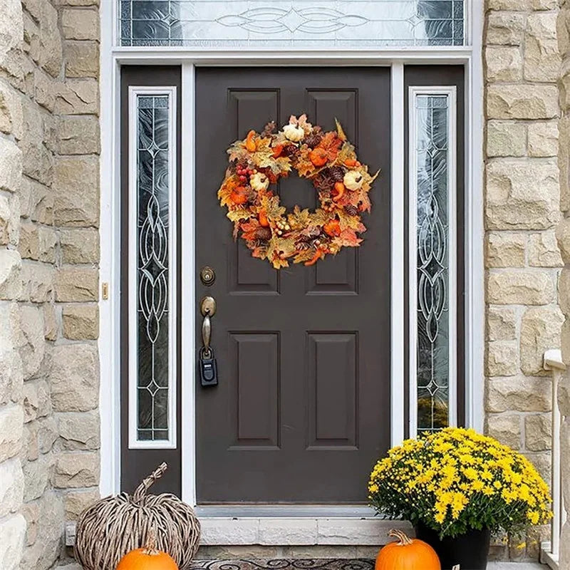 45cm Fall Wreaths Pumpkin Berry Maple Leaf Artificial Wreath Harvest Autumn Front Door Wreath Christmas Halloween Home Decor