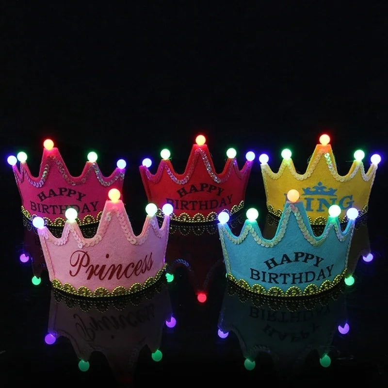 LED Happy Birthday Party Crown Hats Glow Headband King Princess Prince Baby Shower Boy Girl Kids Xmas Decorations Supplies