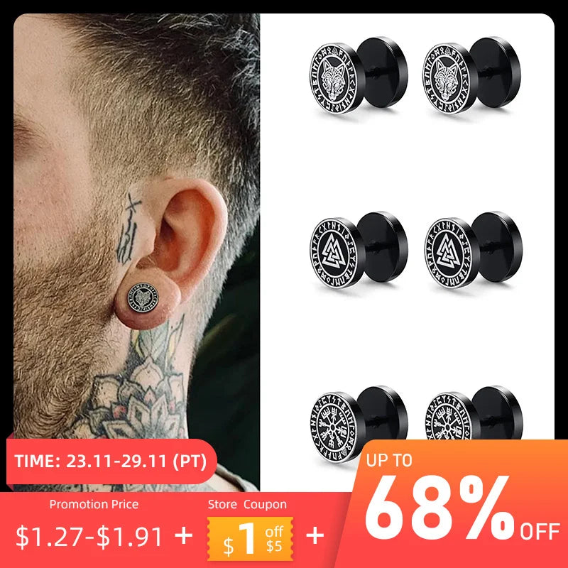 Gothic Norse Viking Runes Stud Earrings for Men Boys,Rock Punk Stainless Steel Valknut Wolf Head Compass Celtic Knot Earrings