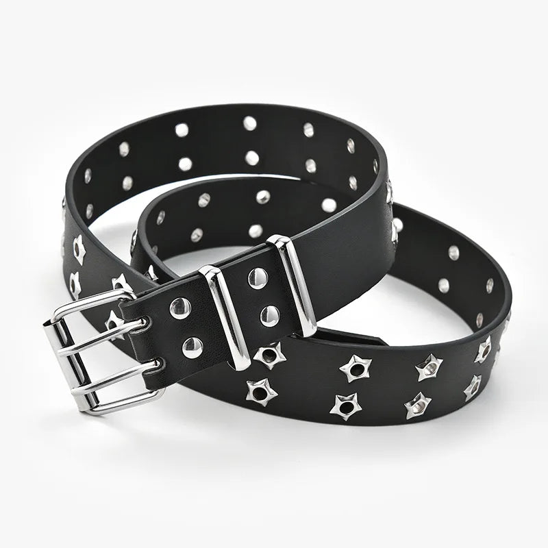 Coffee Black Punk Style Chain Belt Adjustable Hollow Star Double Breasted Buckle Metal Buckle Leather Jeans Waistband for Women