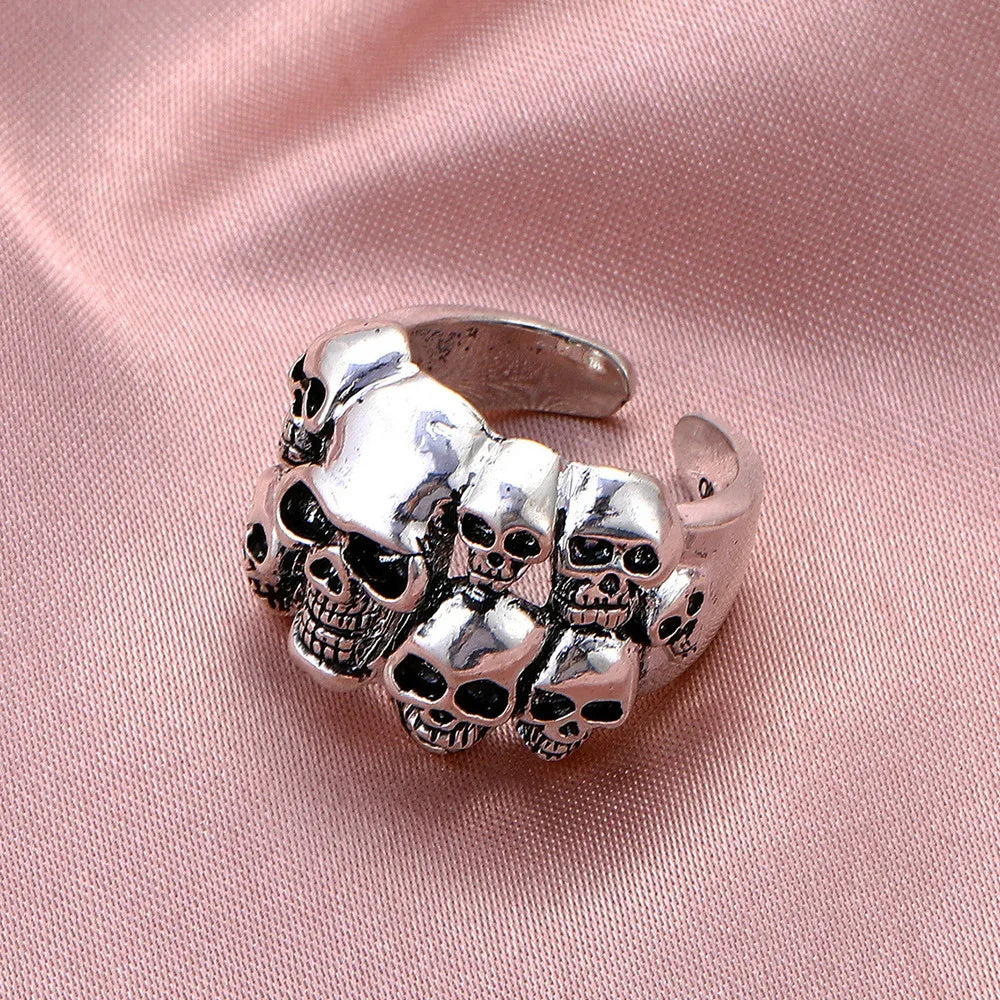 Dark Gothic Skull Skeleton Rings For Men Women Punk Goth Hiphop Rock Silver Color Adjustable Ring Fashion Jewelry Halloween