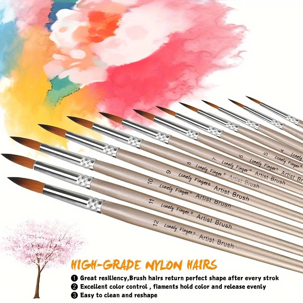 12pcs Professional Paint Brushes Set Round Pointed Tip Nylon Hair Artist Acrylic Brush For Acrylic Watercolor Oil Painting Body