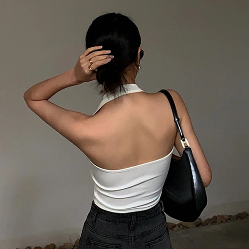 Cotton Sexy Backless Black White Tank Tops Halter Streetwear Vest Female Crop Top Summer 2024 Basic T-shirts Ladies Tube Camis