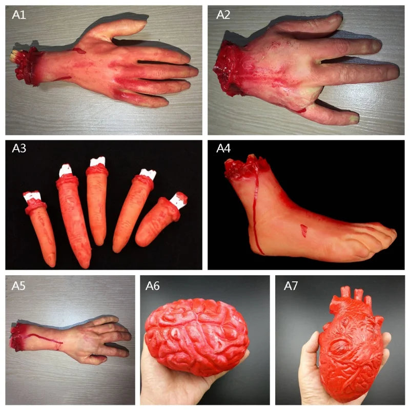 Halloween Horror Props Bloody Hand Haunted House Party Decoration Scary Fake Hand Finger Leg Foot Brain Heart Halloween Supplies