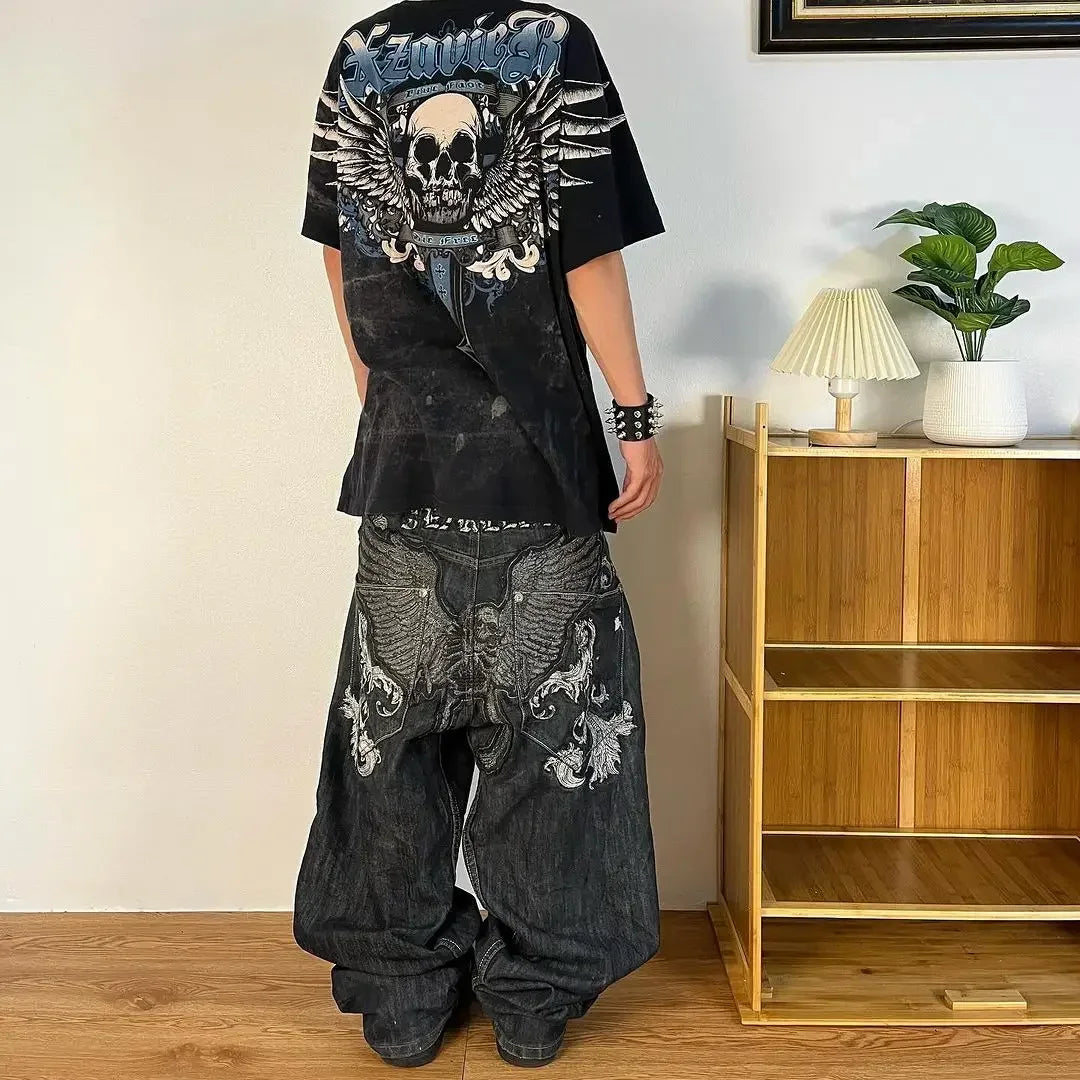 Men's and women's trend loose Korean straight leg pants embroidered fashionable street jeans Y2K minimalist Gothic printed pants