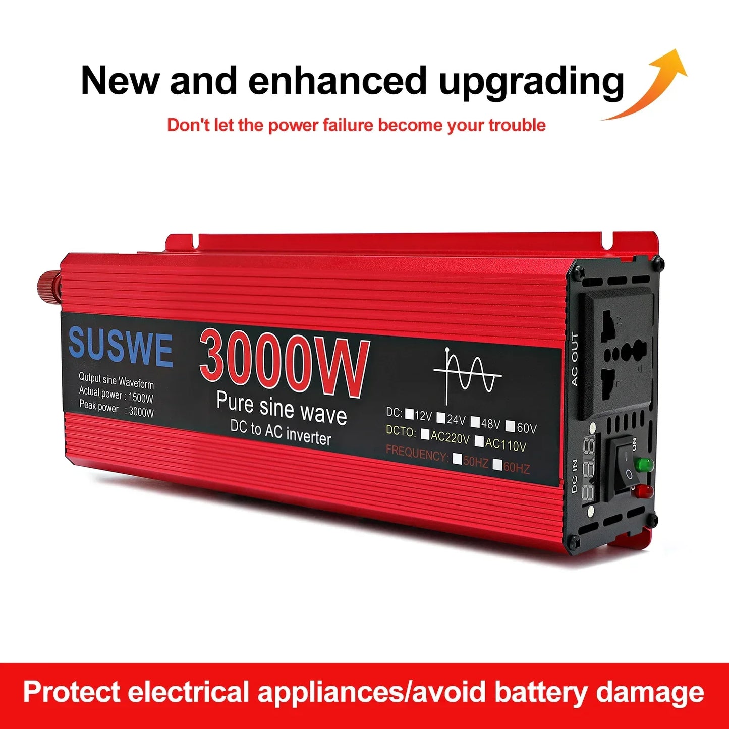 NEW Pure Sine Wave Inverter 1000W 2000W 2200W 3000W DC 12V 24V To AC 220V 110V  Voltage 50/60HZ Solar Car Inverters