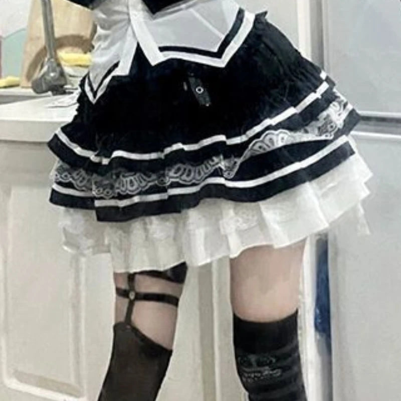 Y2k Dark Gothic Punk Black White Short Skirt Women Hot Chick Y2k Polka Dot Ruffle Cake Skirt Female Cute Chic Lolita Lace Skirts