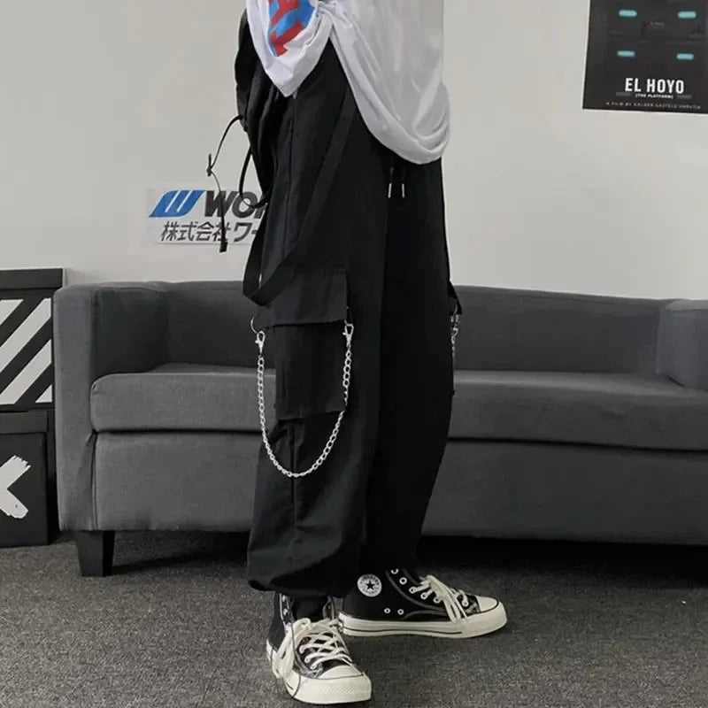 Goth Punk Black Cargo Pants With Chain Streetwear Men Wide Leg Trousers Harajuku Hip Hop Hombre Casual Joggers Pantalon Homme