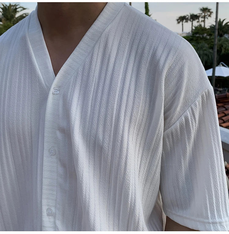 Summer Men's Loose Ice Silk Suits Fashion Casual V-neck Short Sleeve T-shirt And Pants Drape Two-piece Sets Men Clothes
