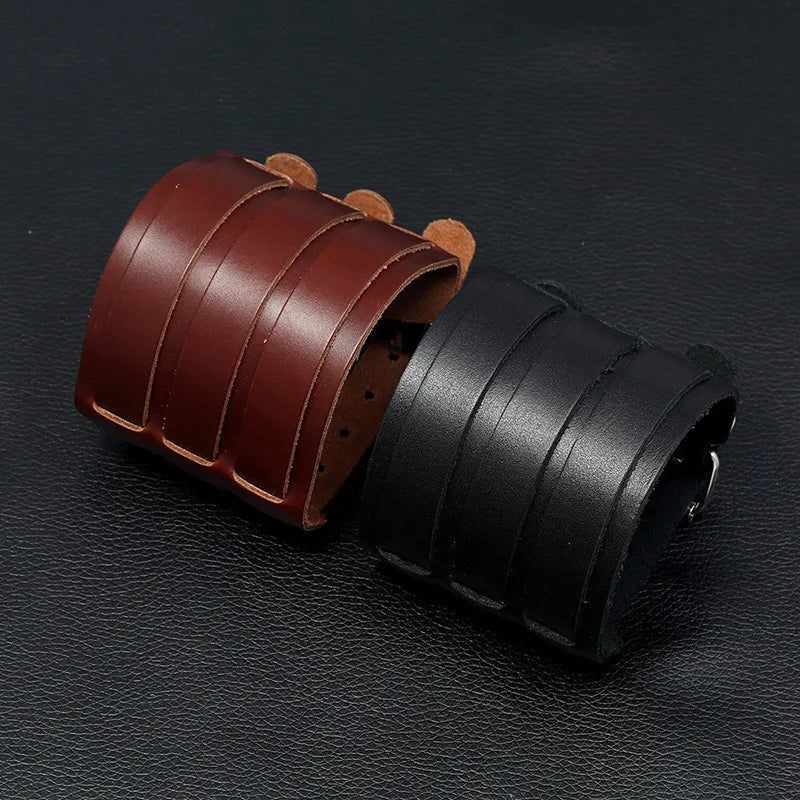 KOTik 2023 New Fashion Genuine Leather Wide Cuff Bangles Punk Vintage Three Layers Wide Black Brown Men Jewelry Bracelets