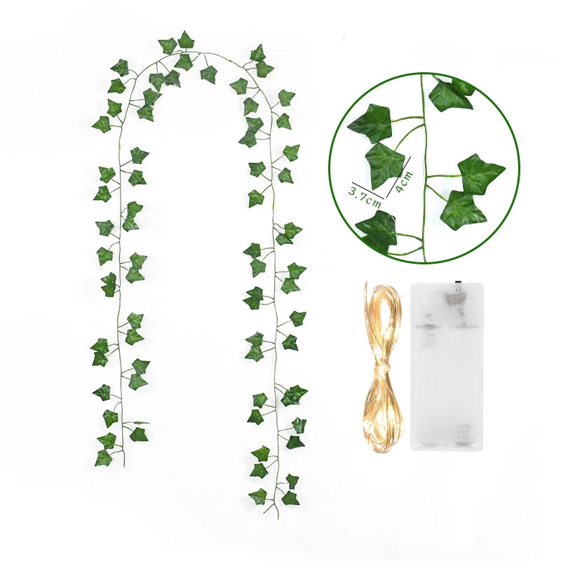 2Meter Fake Green Leaf Ivy Vine with LED Lights String for Home Bedroom Decor Wedding Glowing Artifical Plant Home Decoration