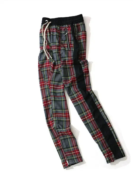 2024 Spring and Autumn hip hop pants Scottish lattice zipper slim pants men's casual pants elastic waist sports hipster men