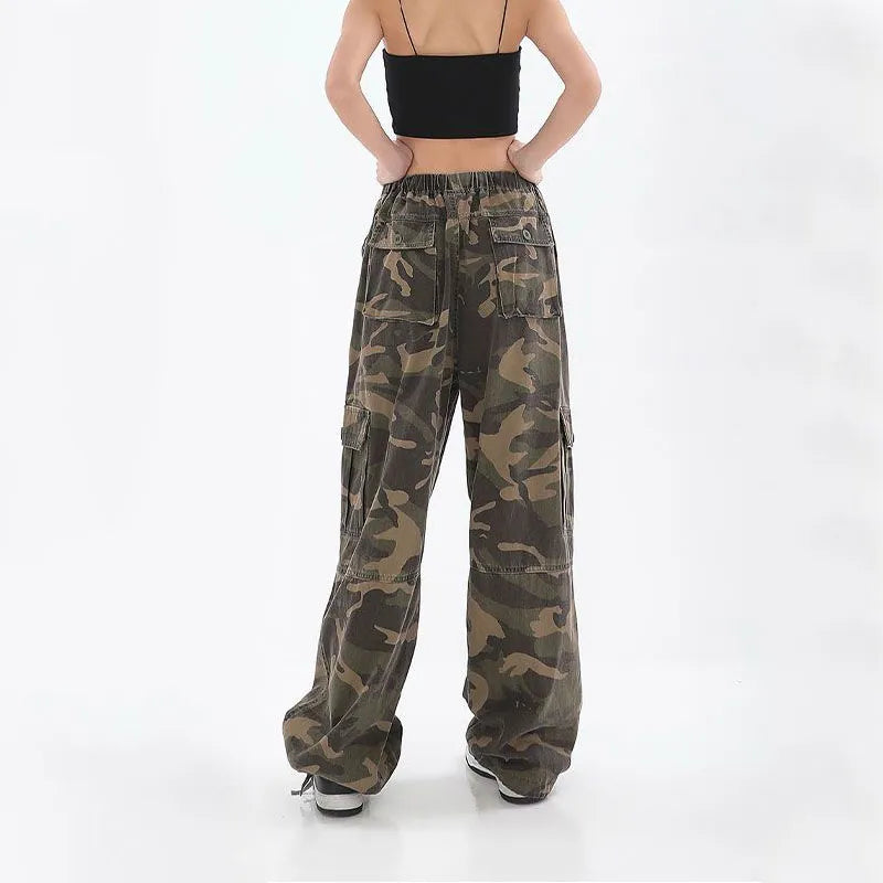 Streetwear Women Oversize Camouflage Cargo Pants Drawstring Elastic Waist Pockets Spring Autumn Vintage Fashion Casual Trousers