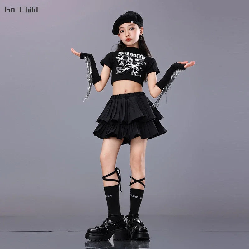 Girls Hip Hop Tassels Crop Top Street Dance Ruffled Skirts Child K-pop Shiny T-shirts Streetwear Clothes Sets Kids Jazz Costumes