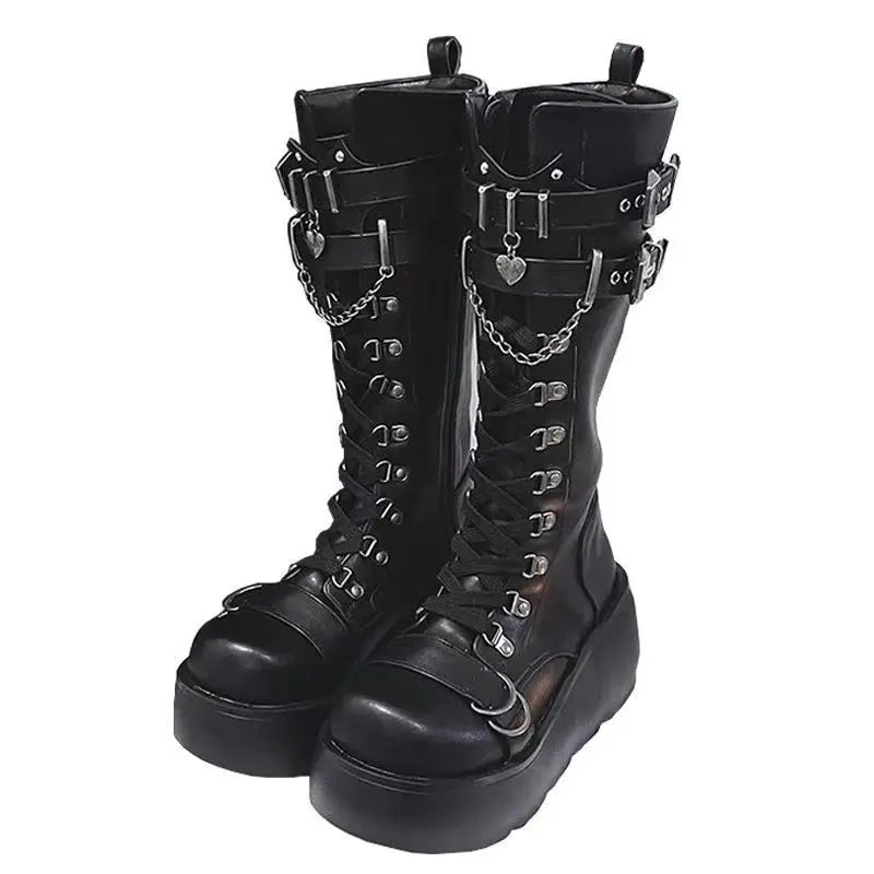 Black Platform Mild-calf Boots Punk Style Pu Leather Buckle Sloping Heel Botas Spicy Girls Lace Up High Heels for Women's Boots