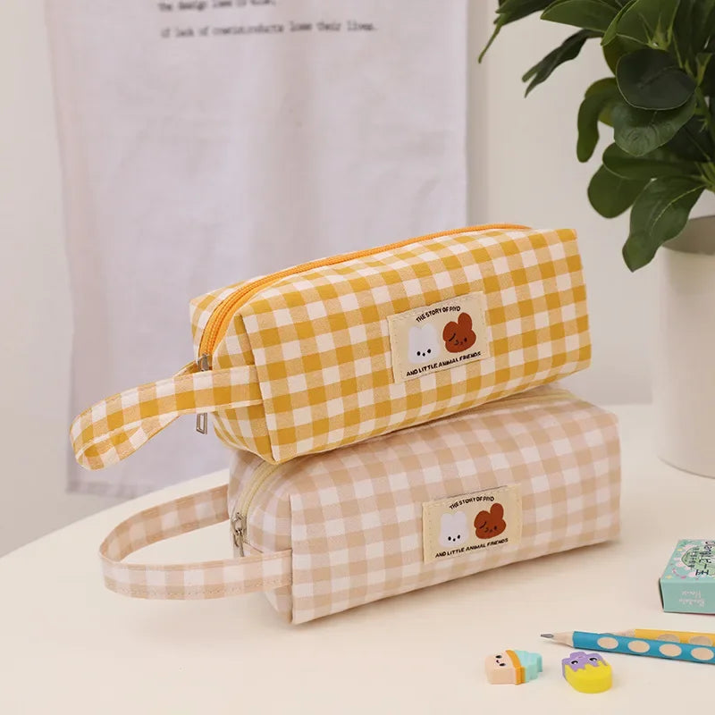 Korean Style Checkerboard Large Capacity Pencil Case Kawaii Rabbit Canvas Pencil Bag School Box Pouch Stationery School Supplies