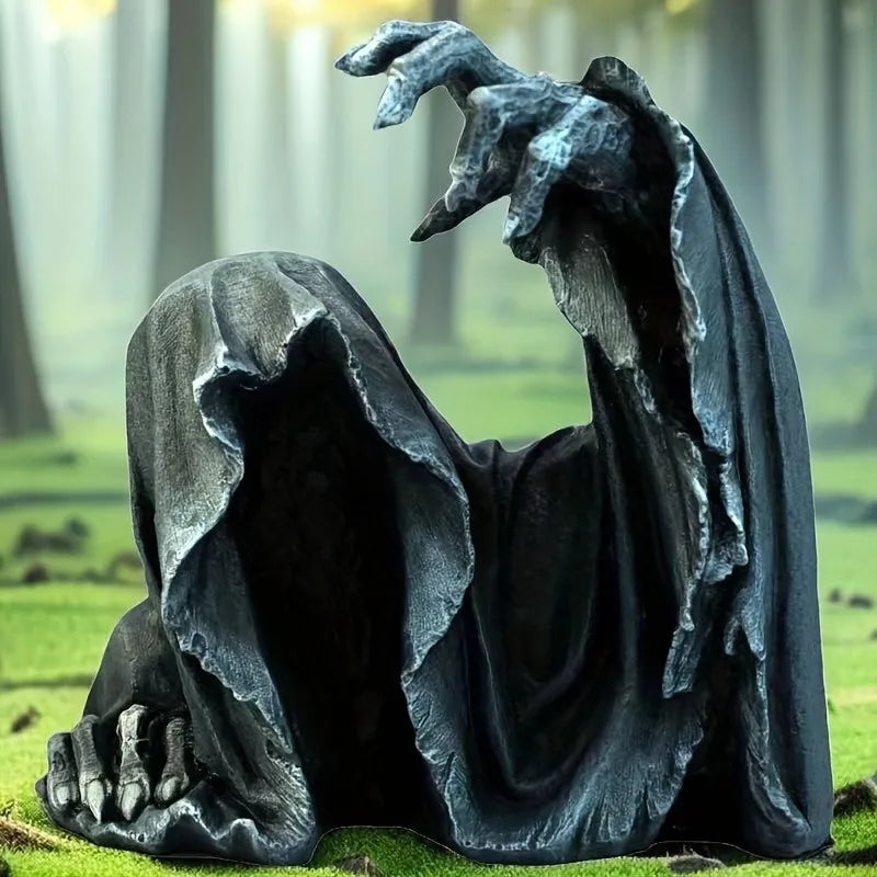 Spooky Black Grim Reaper Halloween Decor - Resin Ghost Cloak Statue For Outdoor & Home Perfect For Haunted House Themes