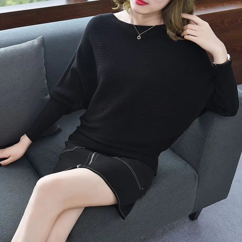 Spring Autumn New Korean Loose Slash Neck Sweaters Bat Sleeve Solid Color Plus Size Pullovers Elegant Fashion Women Clothing