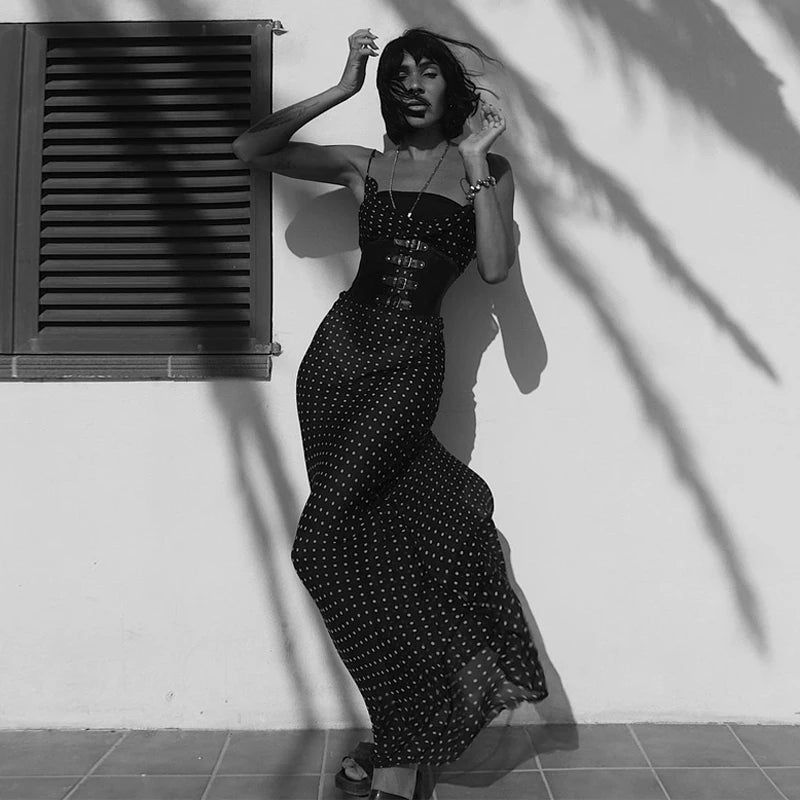 2025 Black Fashion Polka Dots Sundress Sexy See Through Spaghetti Strap Maxi Dress Women Summer Clothes Party Slip Dresses A1259