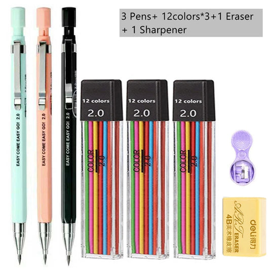 12 Colors Black Sketch 2.0MM Press Mechanical Pencil Leads Set Drawing Colored Pencils Automatic Pencils for School Art Supplies