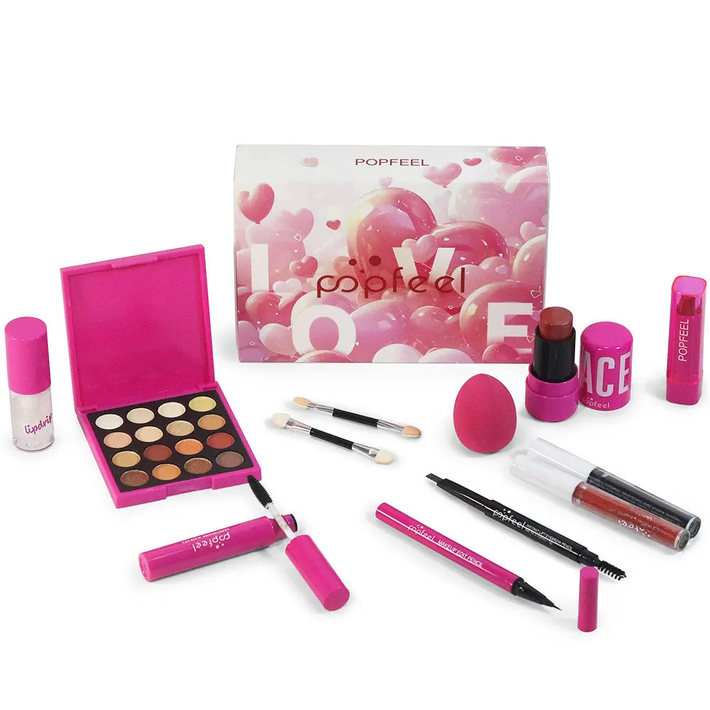 POPFEEL 12-Piece Valentine's Day Makeup Set - Includes Eyeshadow, Blush, Lipstick, Lip Gloss, Mascara, Eyebrow Pencil, Eyeliner.