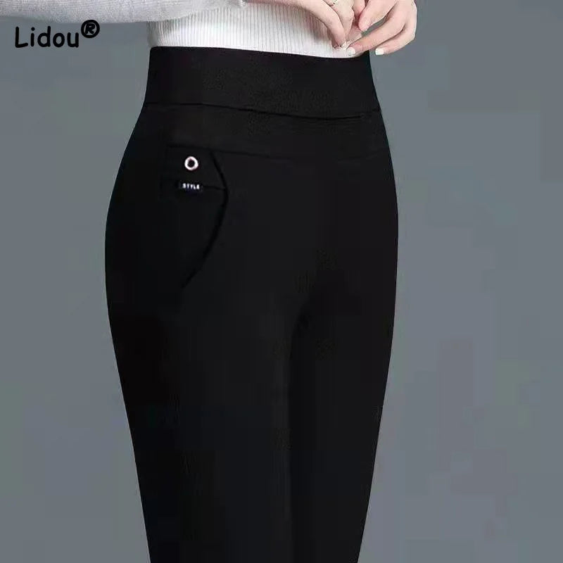 Korean Solid High Waist Elastic Bottoming Pants Spring Summer Casual Pockets Appliques Skinny Straight Trousers Women Trend