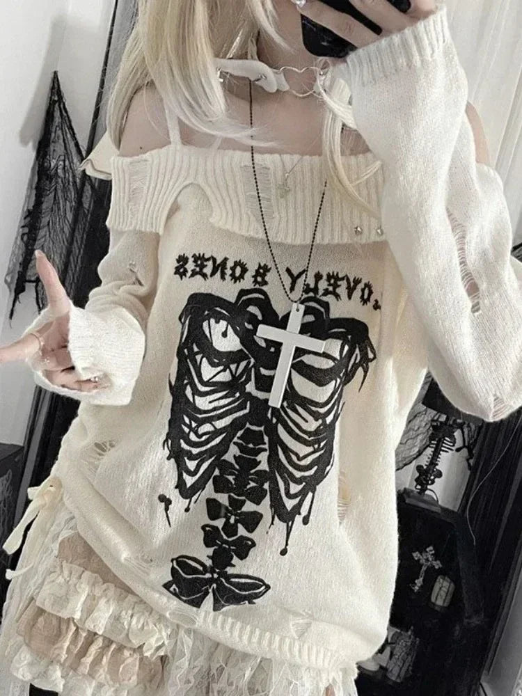 HOUZHOU Y2k Harajuku Gothic Knitted Pullovers Women Japanese Fashion Sexy Skull Off The Shoulder Punk Girls Hole Loose Sweater