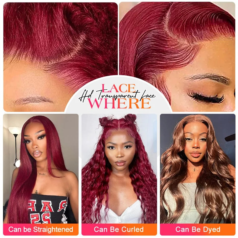 99J Burgundy Lace Front Wigs Human Hair For Women 360 Body Wave Transparent Lace Frontal Wigs Red Colored Wig Pre Plucked 180%