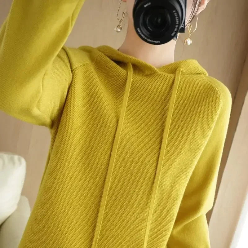 Hooded Sweater Woman Autumn Winter Long Sleeve Warm Bottoming Shirt Solid Casual Pullovers Knit Tops Korean Fashion Jumper 2024