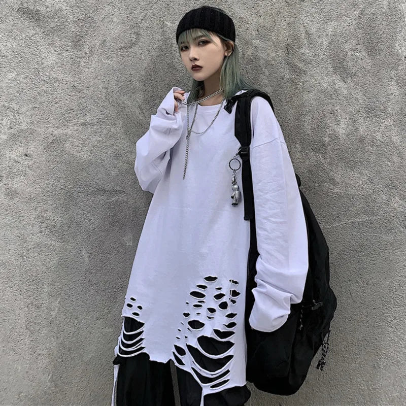 2024 Autumn Gothic Clothes Punk T-shirt Causal Loose Ripped Solid Oversized Tshirt Couples Harajuku Long Sleeve Streetwear