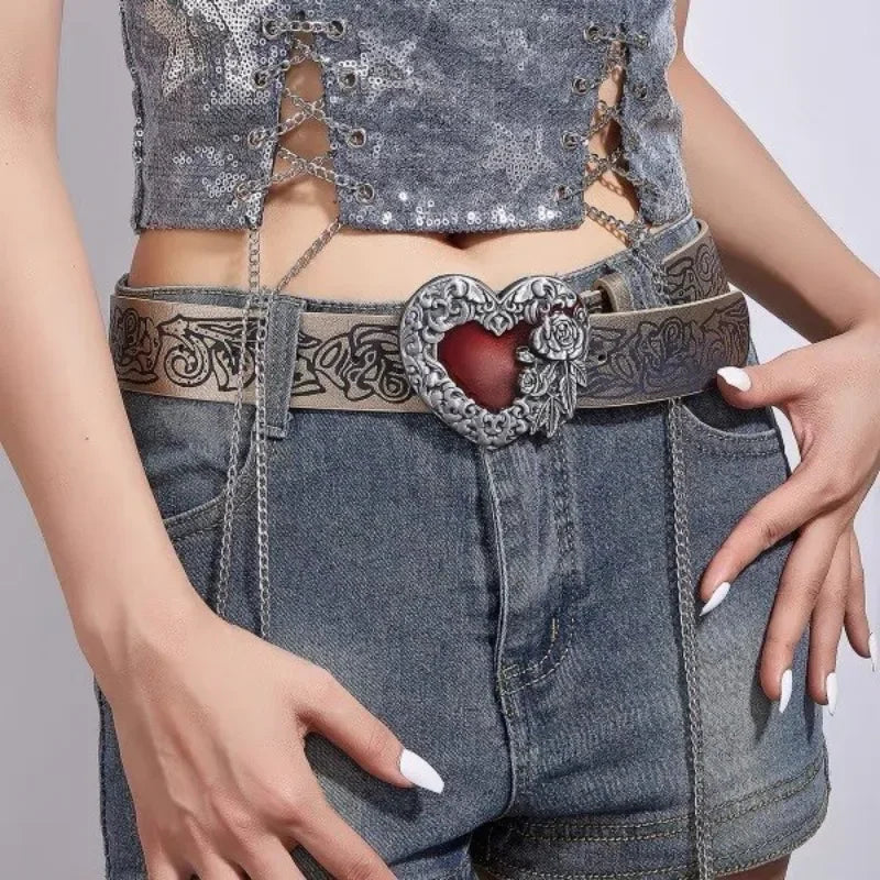 Metal Rose Heart Women Belts Chain Luxury for Leather New Style Pin Buckle Jeans Decorative Ladies Retro Decorative Punk Gothic