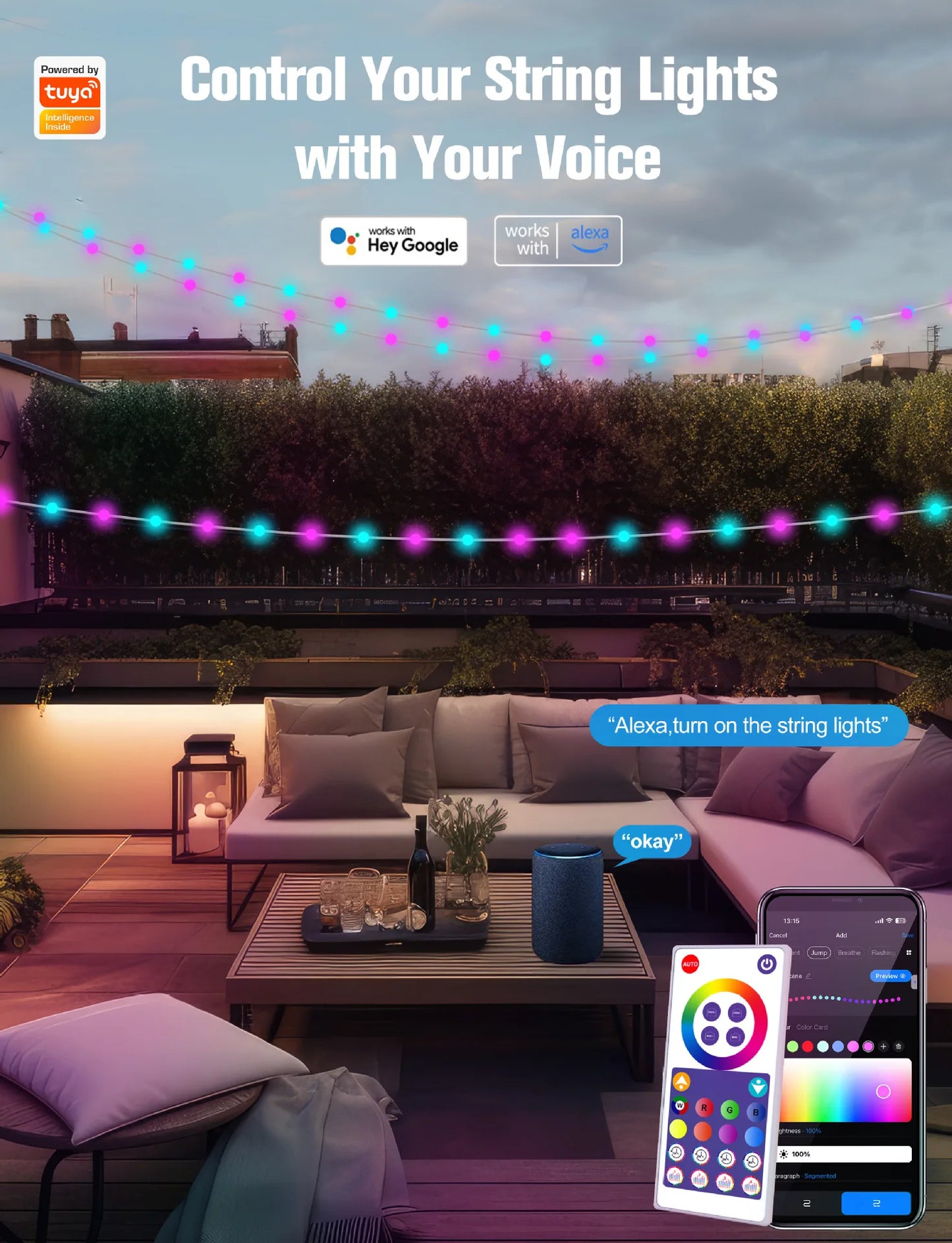 5M/10M/15M/20M Tuya Wifi Bluetooth APP Smart LED Light String Fairy Lights For Garden Christmas Festival Decor Outdoor Indoor