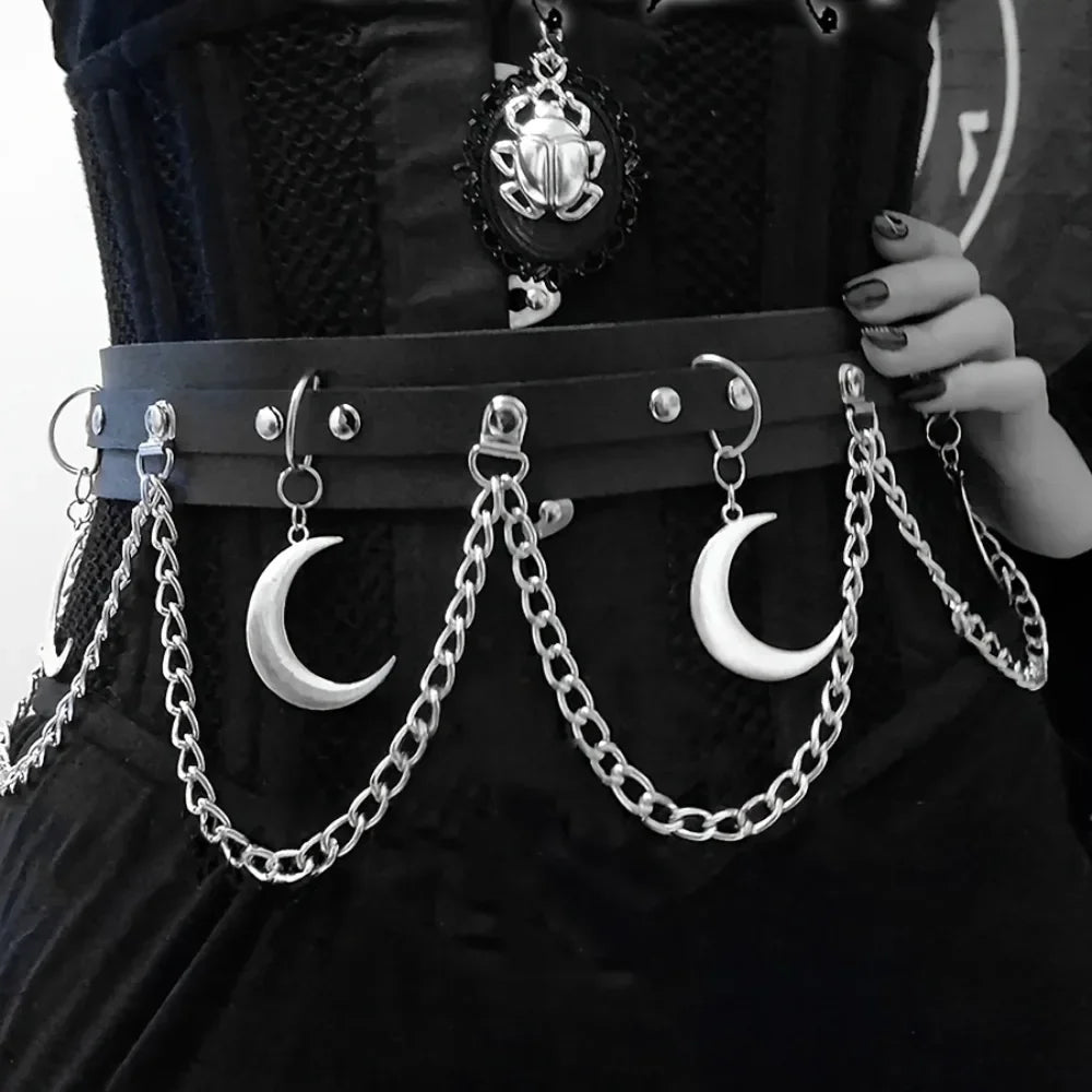 Moon Pendant Chain Fringe Goth Belt Punk Black PU Leather Belts Vintage Waistband For Women Girls