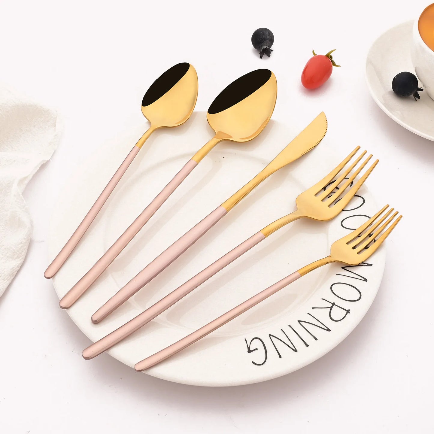 24/30Pcs Pink Gold Dinnerware Set 18/10 Stainless Steel Knife Fork Spoon Cutlery Set Tableware Silverware Set Dishwasher Safe