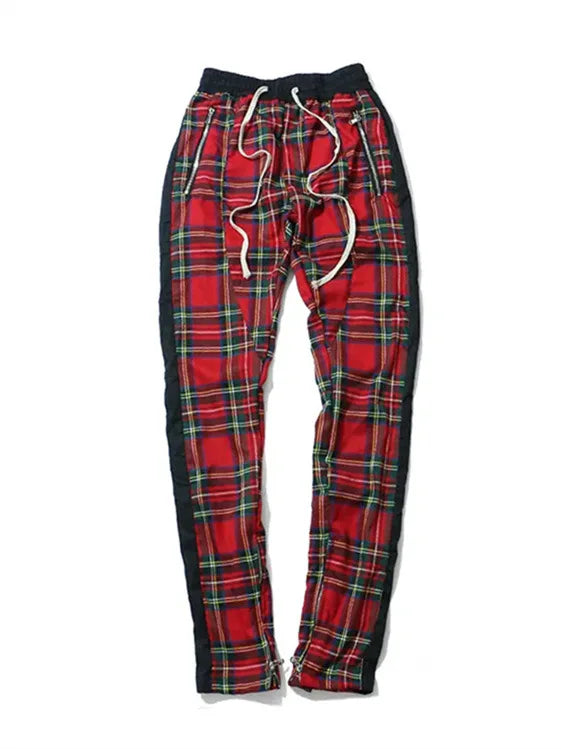 2024 Spring and Autumn hip hop pants Scottish lattice zipper slim pants men's casual pants elastic waist sports hipster men