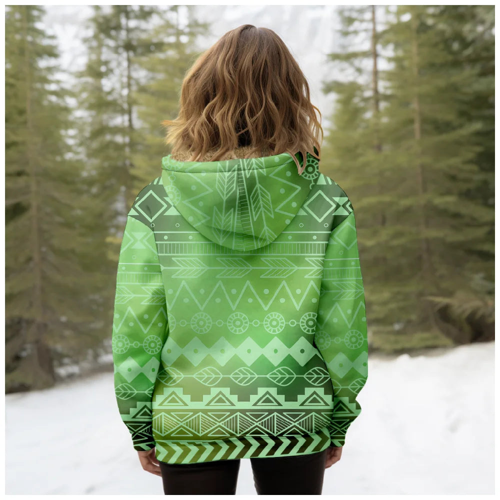 Girls' daily comfortable and casual fleece warm thick jacket, warm fleece hooded short jacket,light green printed style dressing