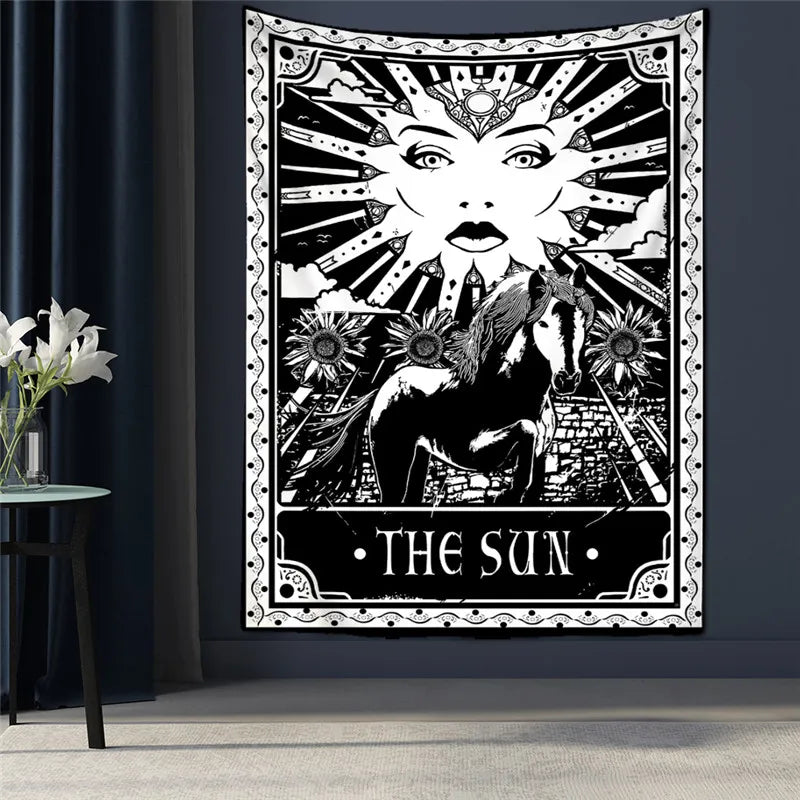 Black Tapestry Wall Hanging Psychedelic Sun Tarot Card Hippie Astrology Divination Witchcraft Background Wall Room Boho Decor