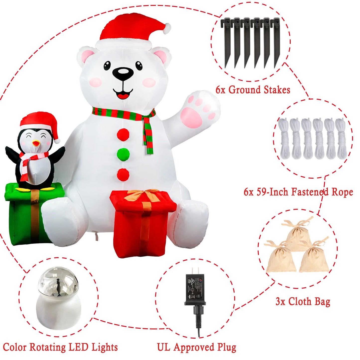 6FT Christmas Inflatables Outdoor Decorations Polar Bear Inflatable with Penguin Blow up with LED Light for Xmas Outdoor Decor