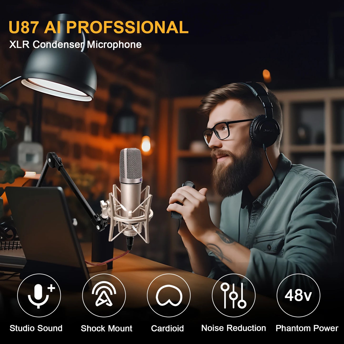 U87 AI XLR Condenser Microphone Professional Cardioid Studio Mic for Recording Podcasting Voice Over Streaming Home Studio