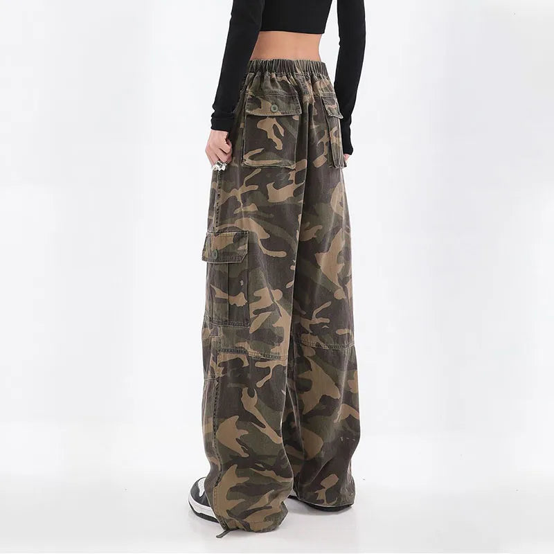 Streetwear Women Oversize Camouflage Cargo Pants Drawstring Elastic Waist Pockets Spring Autumn Vintage Fashion Casual Trousers