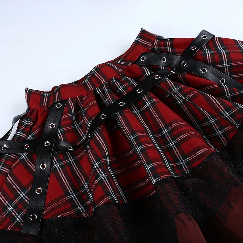 Gothic Harajuku Girls Plaid Pleated Skirt Punk Sweet Lace Kawaii Clothing Y2k Lolita Cake Mini Skirts Cosplay Costume