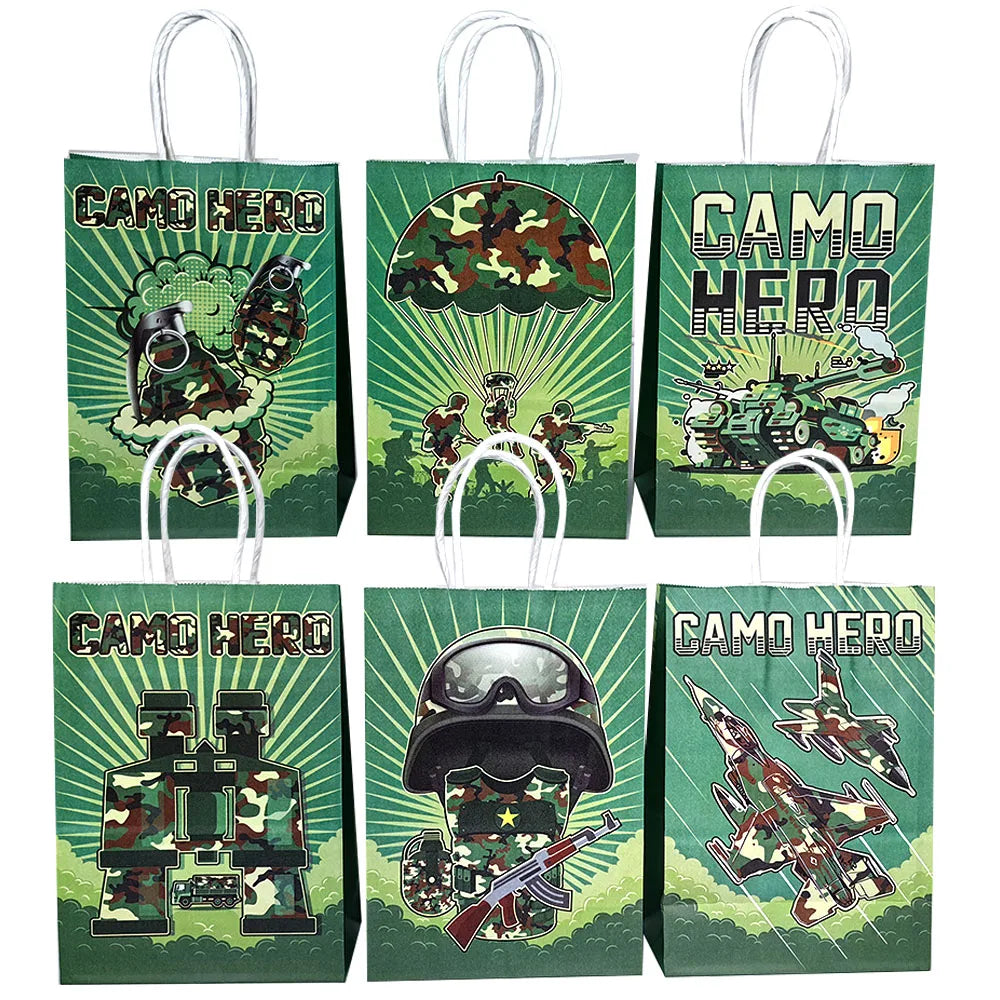 Military Party Favors Gift Bag with Handles Camouflage Treat Bag Paper Bags for Kids Military Themed Birthday Party Supplies