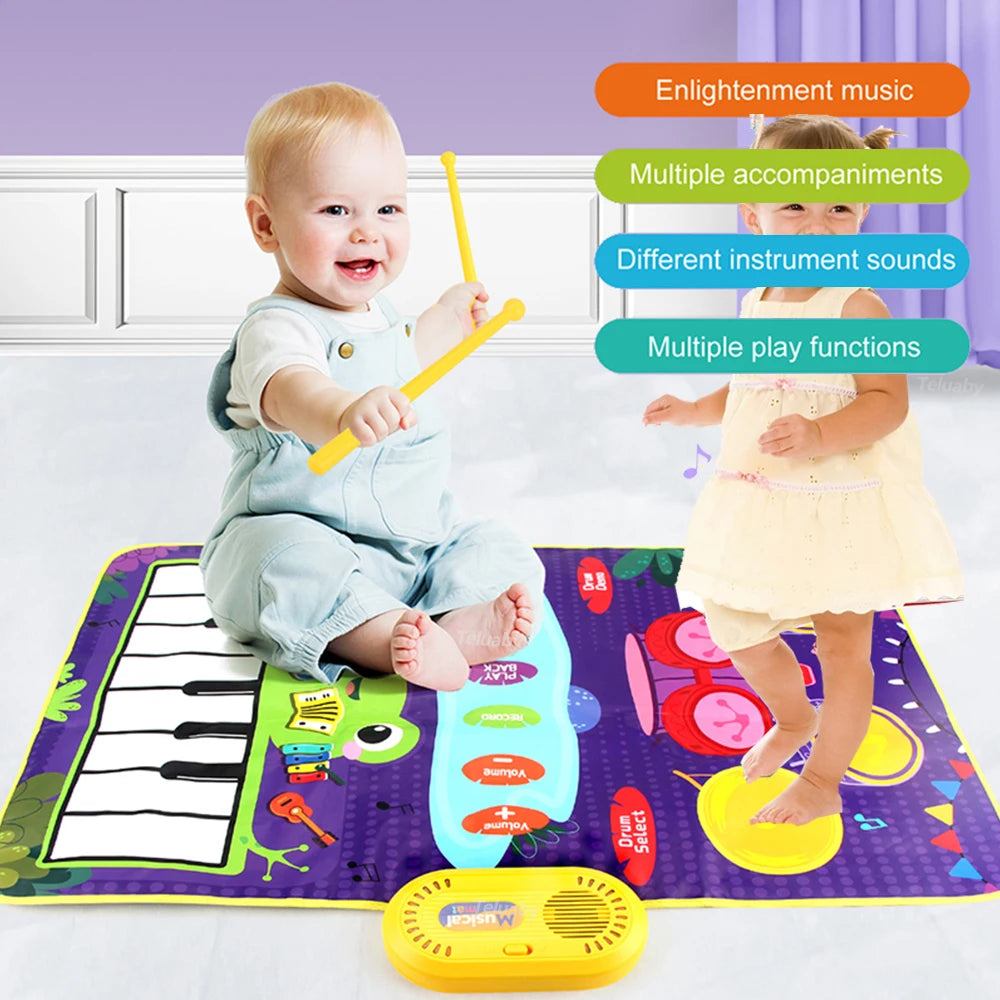 2 In 1 Piano Mat for Kids Toddler Piano & Drum Mat  with 2 Sticks Music Touch Play Carpet Music Instrument Education Toys Gift