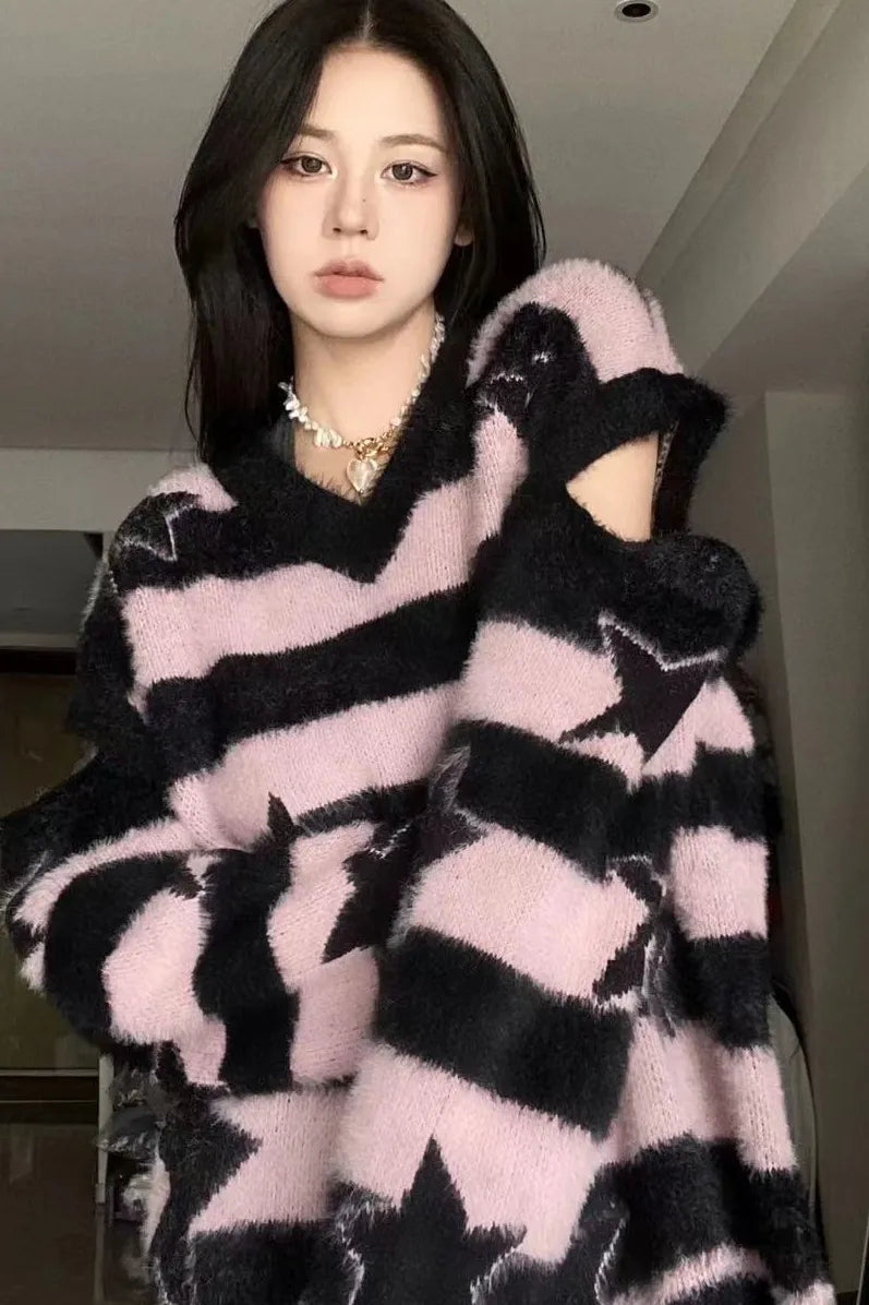 Punk Gothic Long Sweater Women Furry Knitted Sweaters Y2K Streetwear Loose Hollow Out Detachable Pullovers Harajuku Sexy Tops