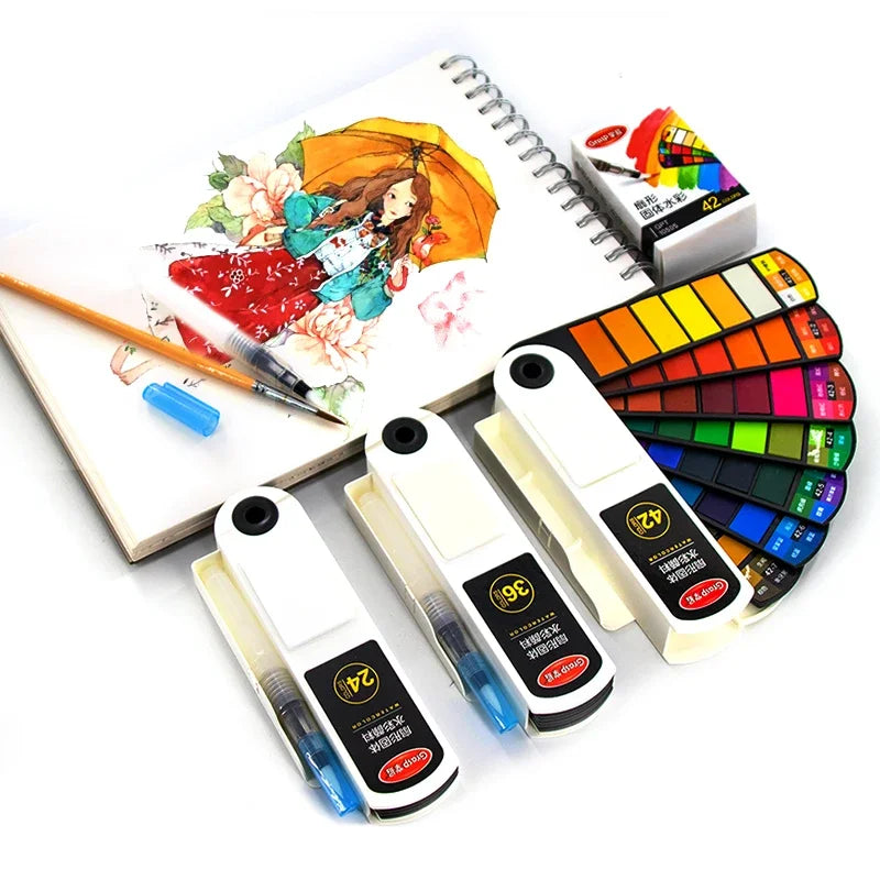 Portable Solid Watercolor Paint Set With Water Brush Pen Professional Water Color Pigment Palette Oil Painting Artists Supplies