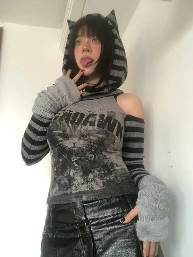 HOUZHOU Gothic Striped Patchwork Hoodie Women Japanese Style Vintage Punk Cat Print Hollow Out Slim Pullovers Soft Gril 2000s